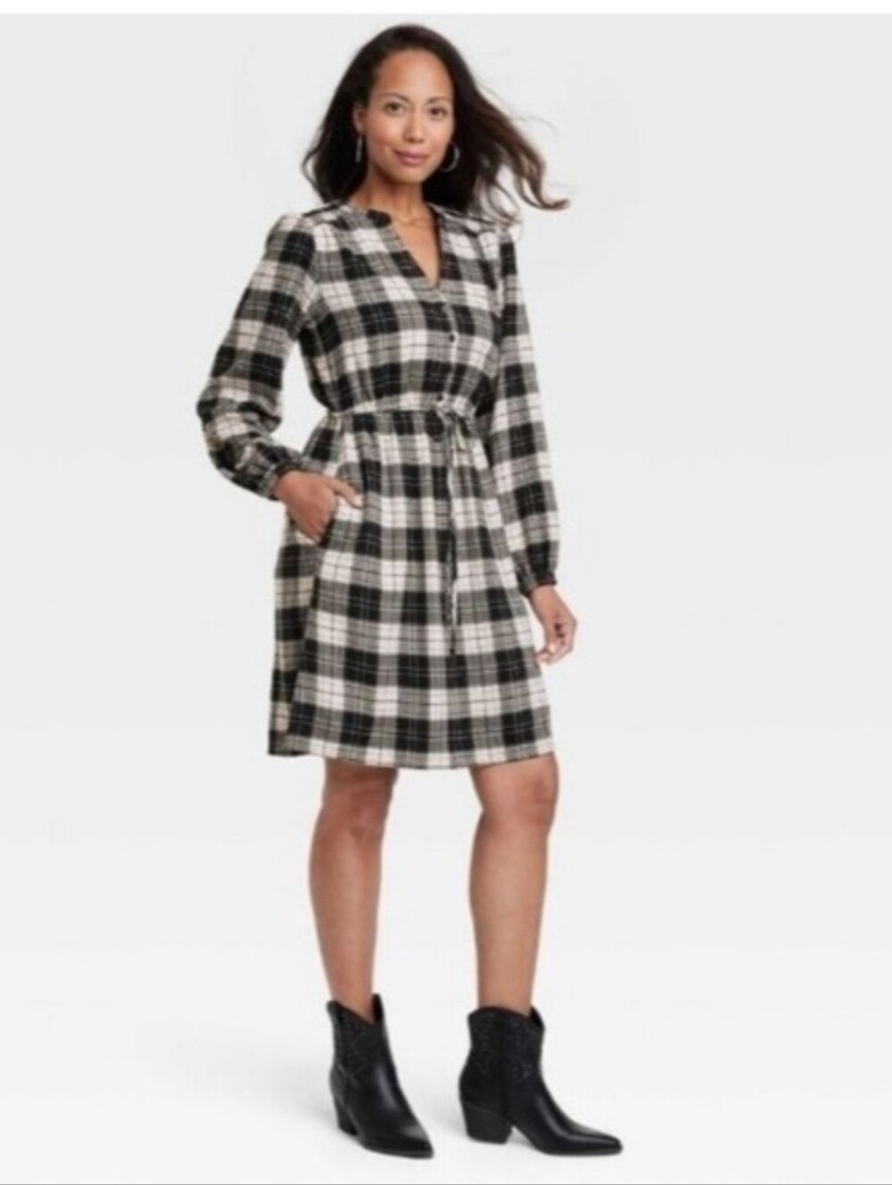 KNOX ROSE Women's Long-Sleeve Plaid‎ A-line Dress Size L With Pockets